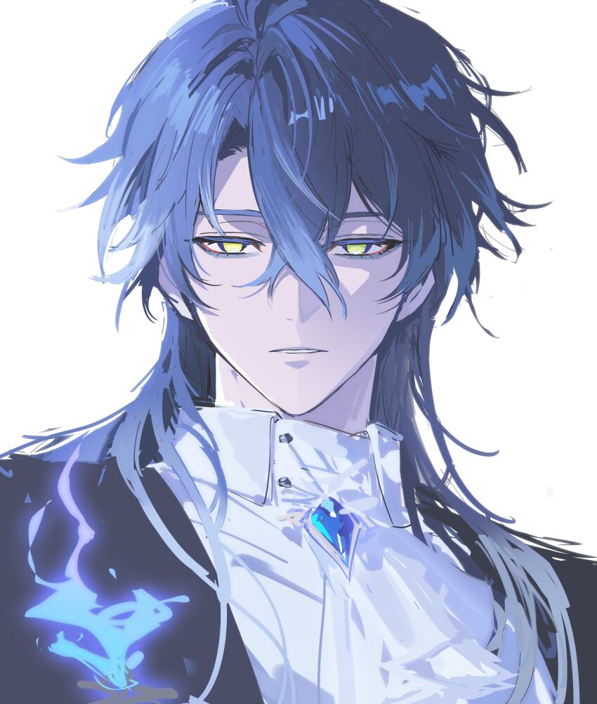 1boy absurdres ascot black_jacket blue_gemstone collared_shirt colored_eyelashes crossed_bangs flins_(genshin_impact) fractalmagnolia gem genshin_impact hair_between_eyes highres jacket long_hair male_focus parted_bangs parted_lips portrait shirt simple_background solo teeth white_ascot white_background white_shirt yellow_eyes