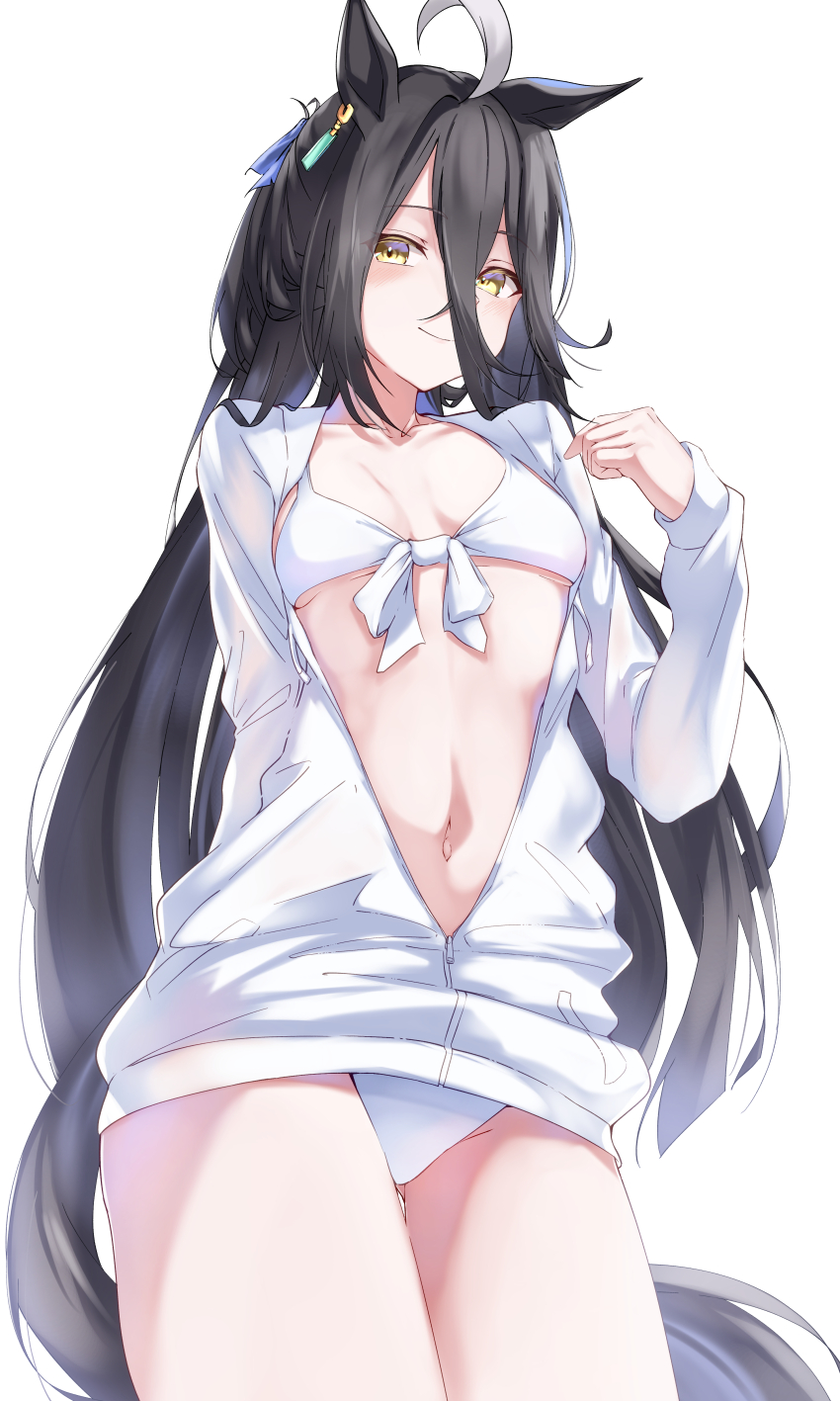 1girl absurdres ahoge animal_ears bikini black_hair breasts closed_mouth hair_between_eyes highres horse_ears horse_girl horse_tail looking_at_viewer manhattan_cafe_(umamusume) medium_breasts multicolored_hair navel pandoa_(mikage0495) partially_submerged simple_background smile solo standing streaked_hair swimsuit tail umamusume white_background white_bikini white_hair yellow_eyes