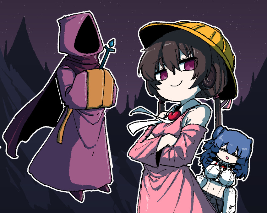 1other 2girls alternate_costume alternate_hairstyle blue_hair breasts brown_hair cape chest_harness closed_eyes closed_mouth covered_navel crossed_arms detached_sleeves doyagao dress efra-chan faceless faceless_hood floating_neckwear hair_between_eyes hands_in_opposite_sleeves hard_hat harness hat helmet holding holding_staff hood hooded_cape impossible_clothes impossible_shirt jaggy_lines kotonoha_aoi large_breasts looking_at_viewer low_twintails medium_hair mina_(noita) multiple_girls neckerchief night no_nose noita open_mouth outdoors outline pale_skin pink_dress purple_cape purple_eyes purple_robe robe shirt smile smug staff tsukuyomi_ai twintails voiceroid white_neckerchief white_outline white_undershirt