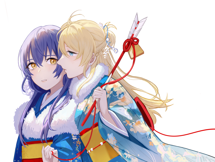 2girls absurdres alternate_costume alternate_hairstyle arrow_(projectile) ayase_eli blonde_hair blue_eyes blue_hair blue_kimono double-parted_bangs earrings finger_ribbon floating_clothes floral_print floral_print_kimono flower fur_scarf furisode furisode_sleeves hair_between_eyes hair_bun hair_flower hair_ornament half-closed_eyes half_updo hamaya highres holding holding_arrow japanese_clothes jewelry kanzashi kimono leaning_forward long_hair looking_at_another love_live! love_live!_school_idol_project multiple_girls new_year obi obiage obijime parted_bangs parted_lips print_kimono red_ribbon ribbon sash simple_background single_hair_bun sonoda_umi upper_body whispering_in_ear white_background white_flower yellow_eyes yudong_rin
