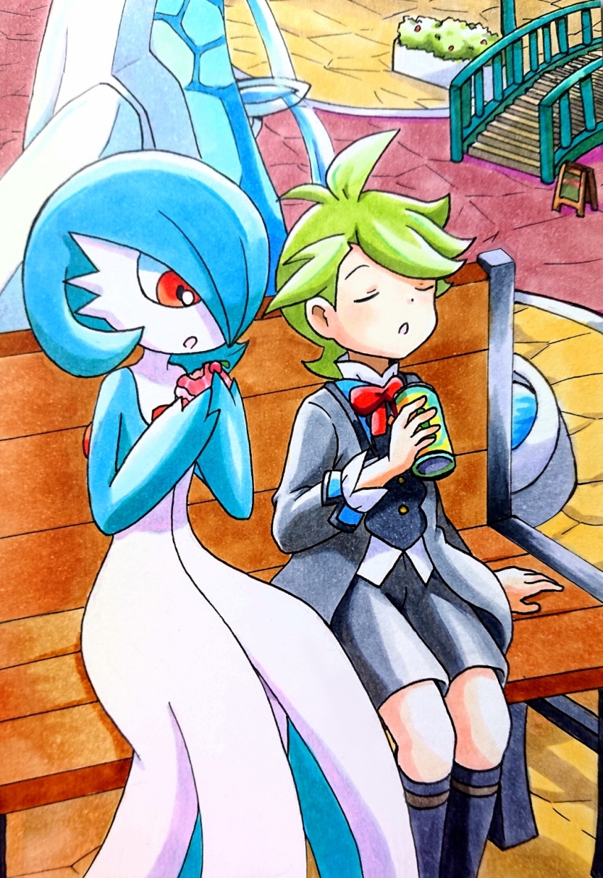 1boy 1girl alternate_color black_jacket black_shorts black_socks blue_hair blush bob_cut bow bowtie bush buttons can closed_eyes colored_skin day drink_can eating flat_chest food food_bite fountain gardevoir gen_3_pokemon green_hair green_skin hair_over_one_eye hand_up hands_up highres holding holding_food jacket kneehighs legs_together light_blush long_sleeves multicolored_skin nintendo on_bench one_eye_covered open_mouth orange_eyes outdoors own_hands_together poke_puff pokemon pokemon_(creature) pokemon_masters_ex red_bow red_bowtie shiny_pokemon shirt short_hair shorts sign sitting socks soda_can speedy_(pkh) stairs traditional_media two-tone_skin u_u wally_(pokemon) wally_(sygna_suit)_(pokemon) white_shirt white_skin