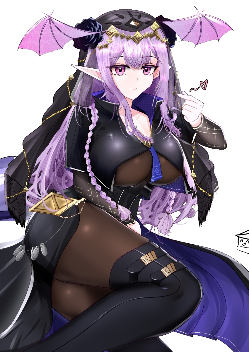 1girl arknights ass black_flower black_rose black_thighhighs bodystocking braid breasts brown_pantyhose chinese_commentary closed_mouth commentary feet_out_of_frame finger_heart flower hair_flower hair_ornament hand_up headscarf head_wings heart high_collar highres jaggy_lines large_breasts long_hair long_sleeves looking_at_viewer lying manticore_(arknights) manticore_(under_a_veil)_(arknights) official_alternate_costume on_side pantyhose pointy_ears purple_eyes purple_hair rose see-through_clothes sidelocks simple_background solo thighhighs thighhighs_over_pantyhose white_background wings xiwang_ni_kaixin_de_suo_suo_zi