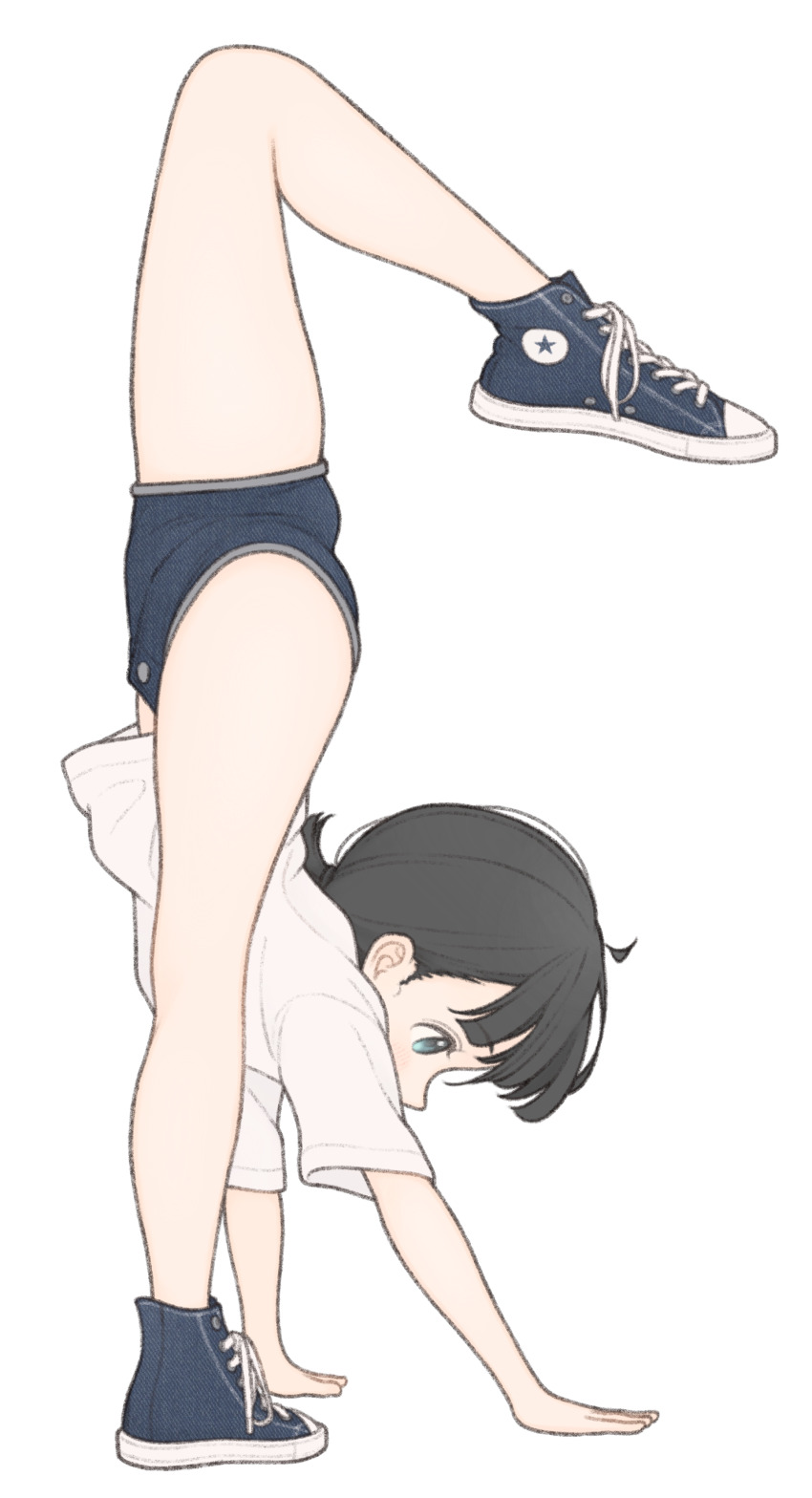 1girl 1ssakawaguchi absurdres ahoge blue_shoes blue_shorts brown_hair converse denim denim_shorts flexible grey_eyes handstand highres ichika_(1ssakawaguchi) kneepits midriff_peek original ponytail shirt shoes short_hair short_ponytail short_shorts short_sleeves shorts simple_background sneakers solo split standing standing_on_one_leg standing_split t-shirt thighs white_background white_shirt