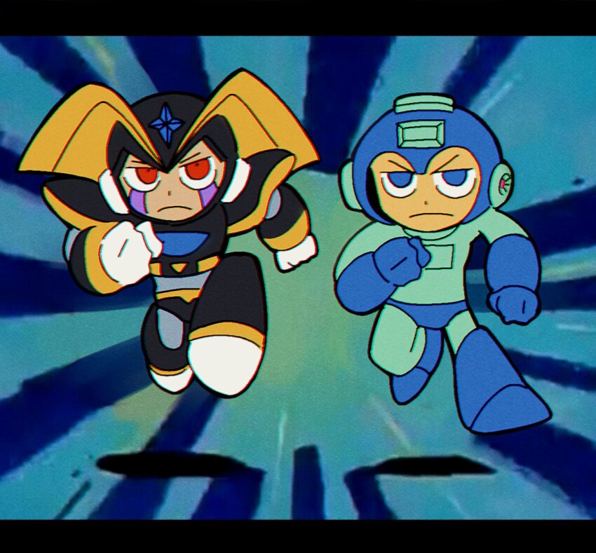 2boys android armor bass_(mega_man) black_armor black_helmet blue_background blue_bodysuit blue_eyes blue_helmet bodysuit chest_jewel chibi clenched_hands commentary english_commentary facial_mark fins forehead_jewel full_body head_fins helmet koasku male_focus mega_man_(character) mega_man_(classic) mega_man_(series) multiple_boys red_eyes running running_towards_viewer shoulder_armor spongebob_squarepants_(series) the_spongebob_squarepants_movie