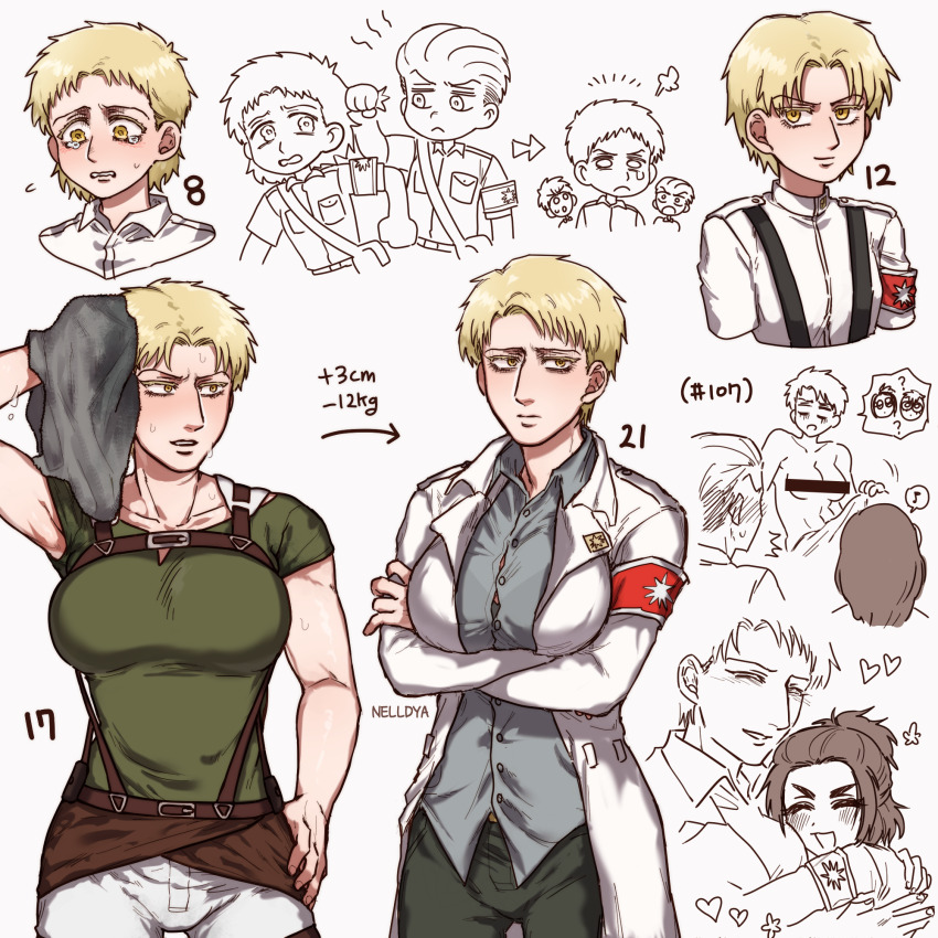 ? age_progression armband arrow_(symbol) artist_name bar_censor between_breasts blush breasts censored coat commentary_request cousins crying eighth_note gabi_braun genderswap genderswap_(mtf) hand_on_own_hip heart highres hug large_breasts medium_breasts mina_(als_dk) musical_note nude porco_galliard reiner_braun shingeki_no_kyojin short_hair signature smile suspenders sweat tears toned toned_female undercut white_coat wiping_sweat