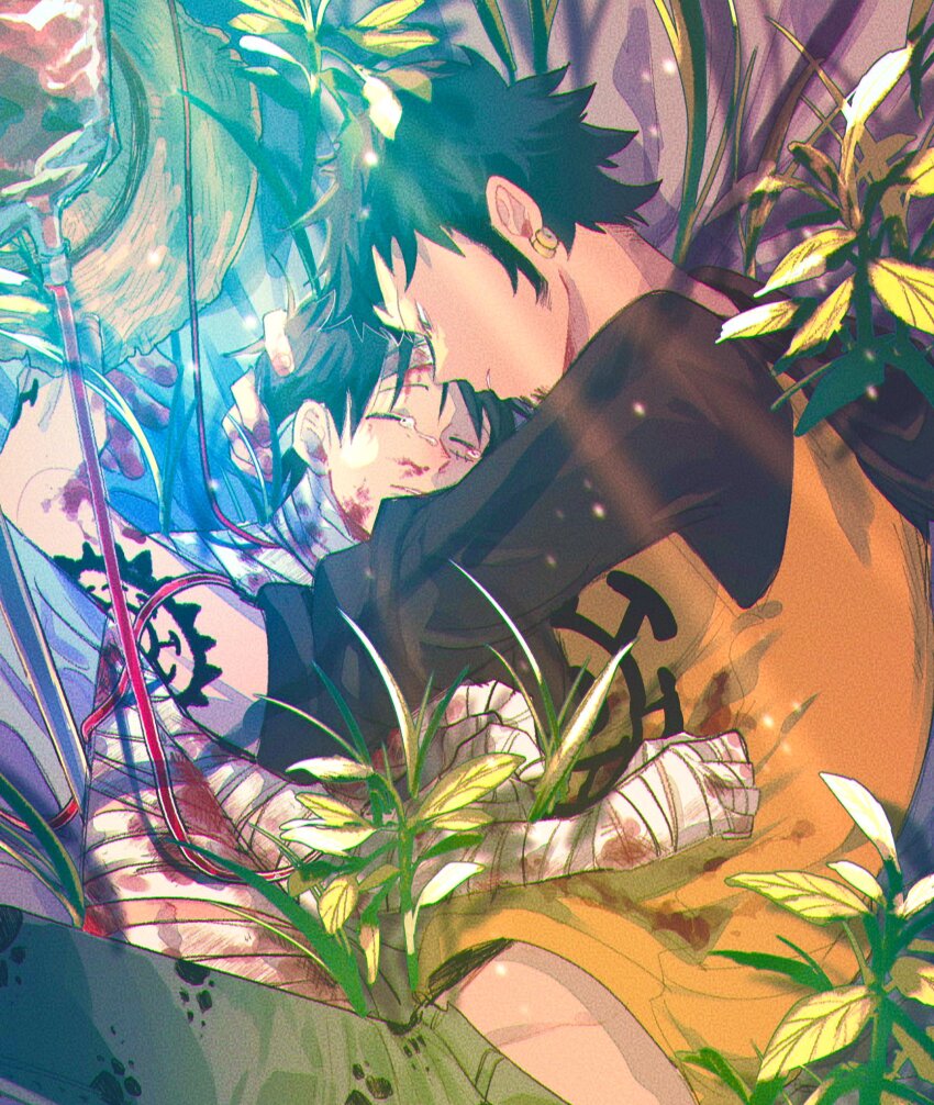 2boys arm_tattoo bandages black_hair blood blood_bag commentary_request denim earrings facial_hair goatee hat heart_pirates_jolly_roger highres hug jeans jewelry long_sleeves male_focus monkey_d._luffy multiple_boys one_piece pants scar scar_on_face short_hair snd_happyday straw_hat tattoo tears trafalgar_law