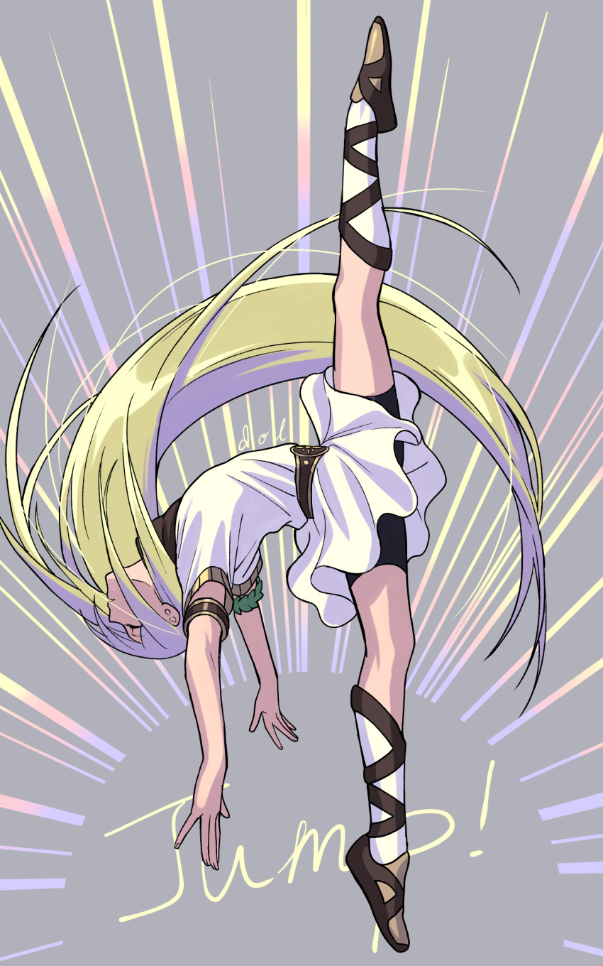 1boy afuro_terumi androgynous armlet bishounen black_shorts blonde_hair closed_eyes dolustoy dress full_body grey_background highres inazuma_eleven_(series) inazuma_eleven_ares_no_tenbin jewelry jumping leg_up long_hair male_focus outstretched_arms outstretched_leg parted_lips shorts shorts_under_dress solo tunic white_tunic zeus_(inazuma_eleven)