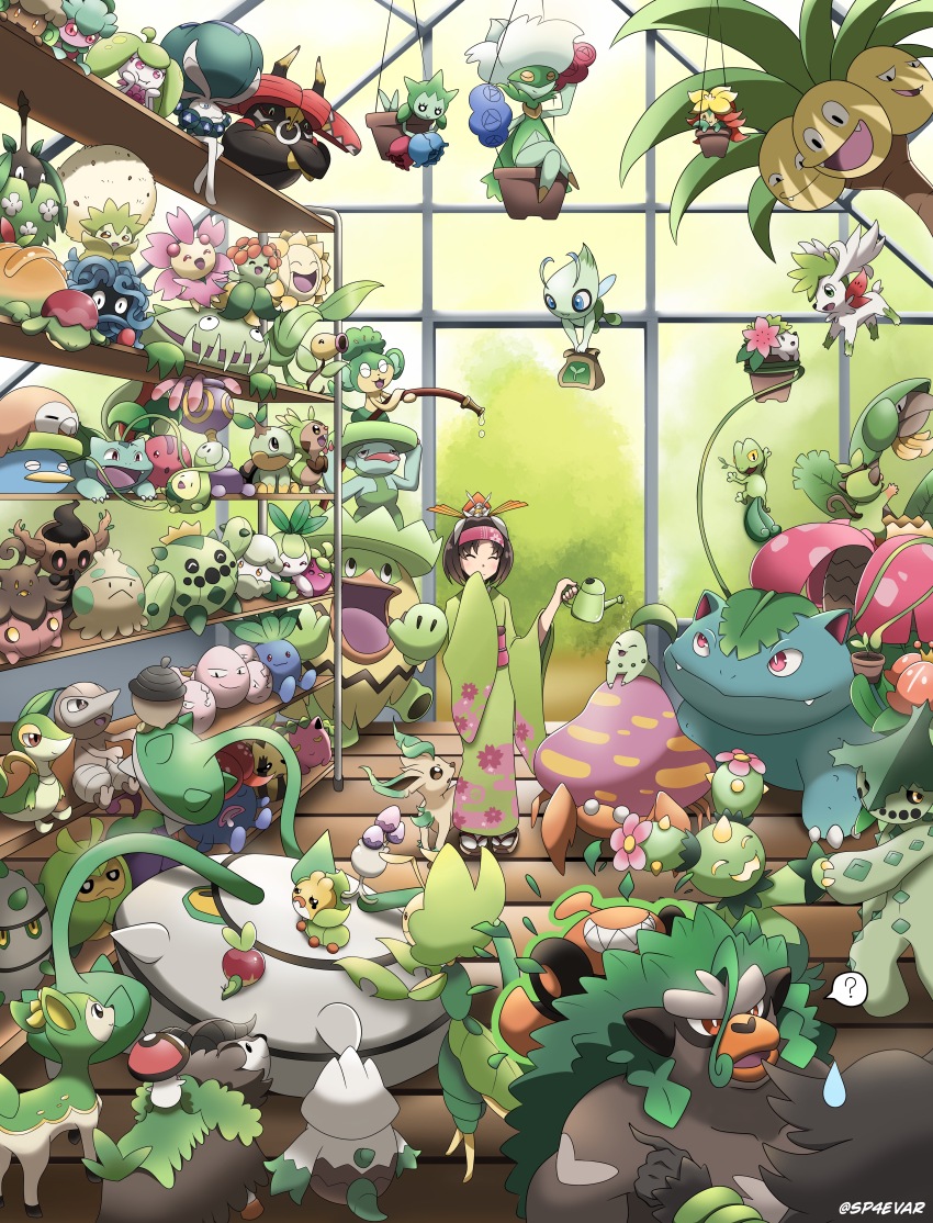 1girl ? absurdres alolan_exeggutor alolan_form appletun applin bellossom budew bulbasaur cacnea cacturne calyrex carnivine celebi cherrim cherrim_(overcast) cherrim_(sunshine) cherubi chespin chikorita closed_eyes commentary cottonee creatures_(company) deerling deerling_(summer) eldegoss english_commentary exeggcute ferroseed ferrothorn flower_pot fomantis foongus full_body game_freak gen_1_pokemon gen_2_pokemon gen_3_pokemon gen_4_pokemon gen_5_pokemon gen_6_pokemon gen_7_pokemon gen_8_pokemon gloom_(pokemon) gossifleur green_kimono greenhouse grookey hanging_plant happy highres holding holding_flower_pot holding_watering_can hoppip japanese_clothes kartana kimono leafeon leavanny legendary_pokemon lileep lilligant lombre lotad ludicolo maractus morelull mythical_pokemon nintendo nuzleaf oddish pansage parasect petilil phantump plant pokemon pokemon_(creature) pokemon_lgpe potted_plant pumpkaboo rillaboom roselia_(pokemon) roserade rotom rotom_(mow) rowlet sandals seedot shaymin shaymin_(land) shaymin_(sky) short_hair shroomish skiddo snivy snover socks sp4evar spoken_question_mark steenee sunflora sunkern swadloon tangela tapu_bulu treecko tropius ultra_beast venusaur water_drop watering_can whimsicott white_socks wide_sleeves wooden_floor wormadam wormadam_(plant) zarude