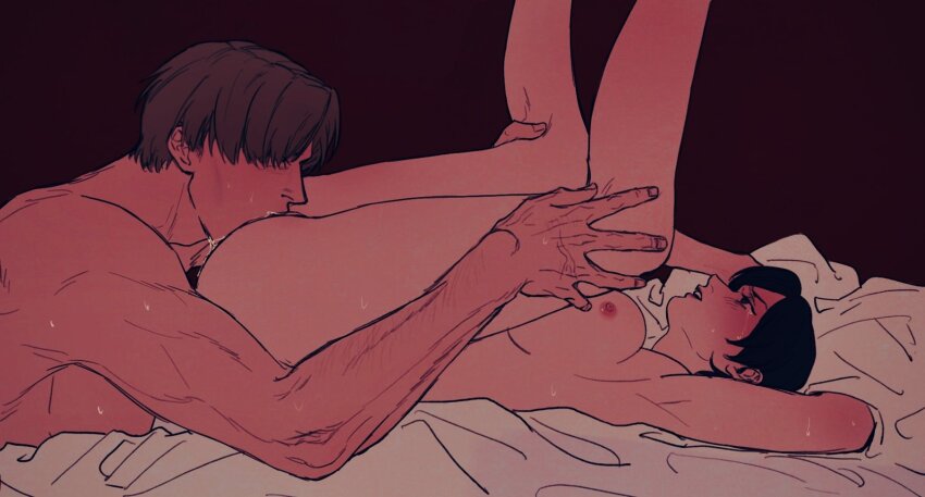 1boy 1girl aaamber_22 ada_wong arms_behind_head bed_sheet black_hair blonde_hair breasts couple cunnilingus feet_out_of_frame hetero highres leon_s._kennedy medium_breasts muscular muscular_male nipples nude open_mouth oral parted_bangs red_lips resident_evil saliva short_hair sweat