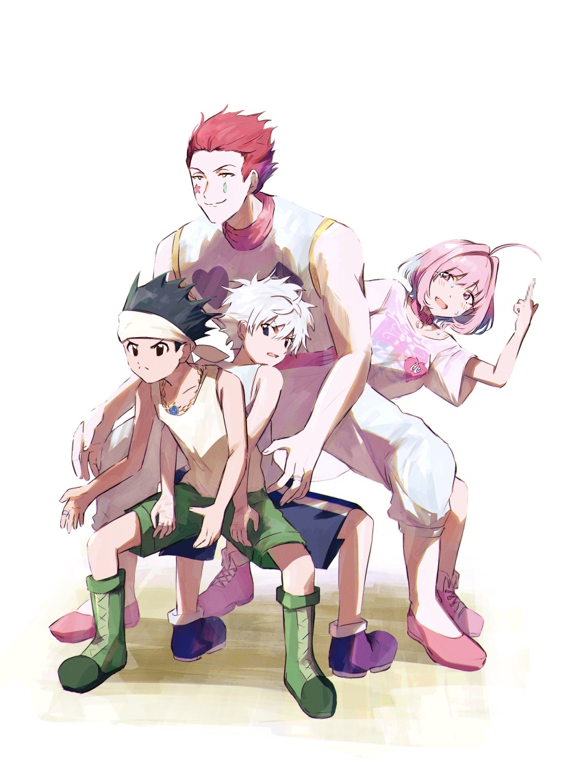 1girl 3boys absurdres ahoge back-to-back black_hair blue_hair blue_shorts boots censored censored_gesture collar crossover full_body gon_freecss green_footwear green_shorts hair_intakes hamachamu headband heart heart_print highres hisoka_morow hunter_x_hunter idolmaster idolmaster_cinderella_girls killua_zoldyck knee_boots middle_finger mosaic_censoring multicolored_hair multiple_boys open_mouth pink_eyes pink_hair pink_shoes red_hair shirt shoes short_hair short_sleeves shorts skeleton_print standing star_(symbol) striped_clothes striped_shorts tank_top tattoo teardrop_tattoo two-tone_hair vertical-striped_clothes vertical-striped_shorts white_hair white_headband white_shirt yumemi_riamu
