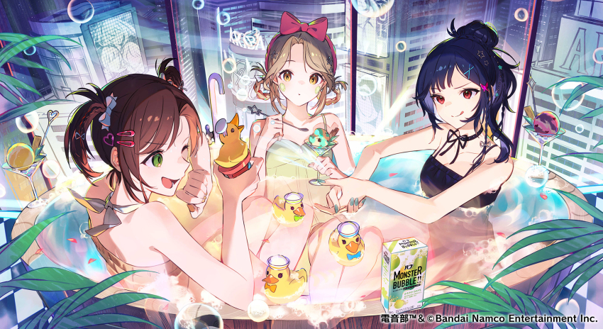 3girls bathing bathtub black_one-piece_swimsuit blonde_hair blue_hair braid braided_hair_rings brown_hair building commentary_request copyright_name copyright_notice cup denonbu food green_eyes hair_ornament hair_rings hairclip hands_up heart heart_hair_ornament hidaka_reina_(denonbu) highres holding holding_spoon ice_cream ice_cream_cup ice_cream_spoon indoors kayano_futaba long_hair multiple_girls nail_polish official_alternate_costume official_alternate_hairstyle official_art one-piece_swimsuit one_eye_closed open_mouth palm_leaf partially_submerged petals ponytail red_eyes rubber_duck second-party_source shinonome_kazune short_hair skyscraper smile soap_bubbles splashing spoon swimsuit teru2307 tongue tongue_out two_side_up white_one-piece_swimsuit wooden_bathtub