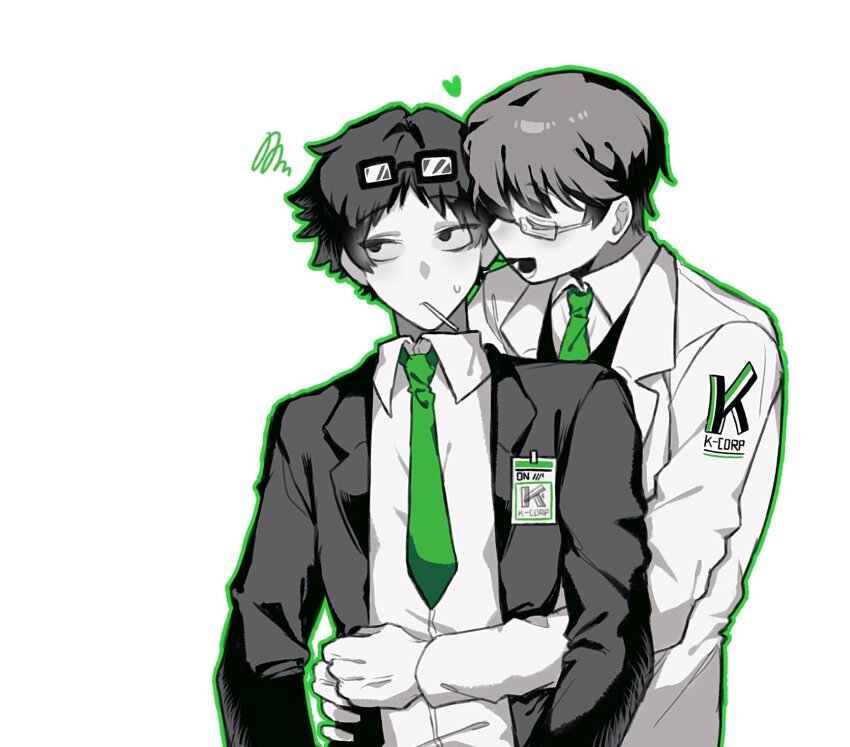 2boys black_coat closed_eyes coat collared_shirt commentary_request dongrang_(project_moon) eyewear_on_head glasses green_necktie green_outline grey_hair grin highres hug hug_from_behind id_card korean_commentary limbus_company lollipop_in_mouth multiple_boys necktie outline partially_colored project_moon red_hong00 rolling_eyes samjo_(project_moon) shirt simple_background smile upper_body white_background white_coat white_shirt yaoi