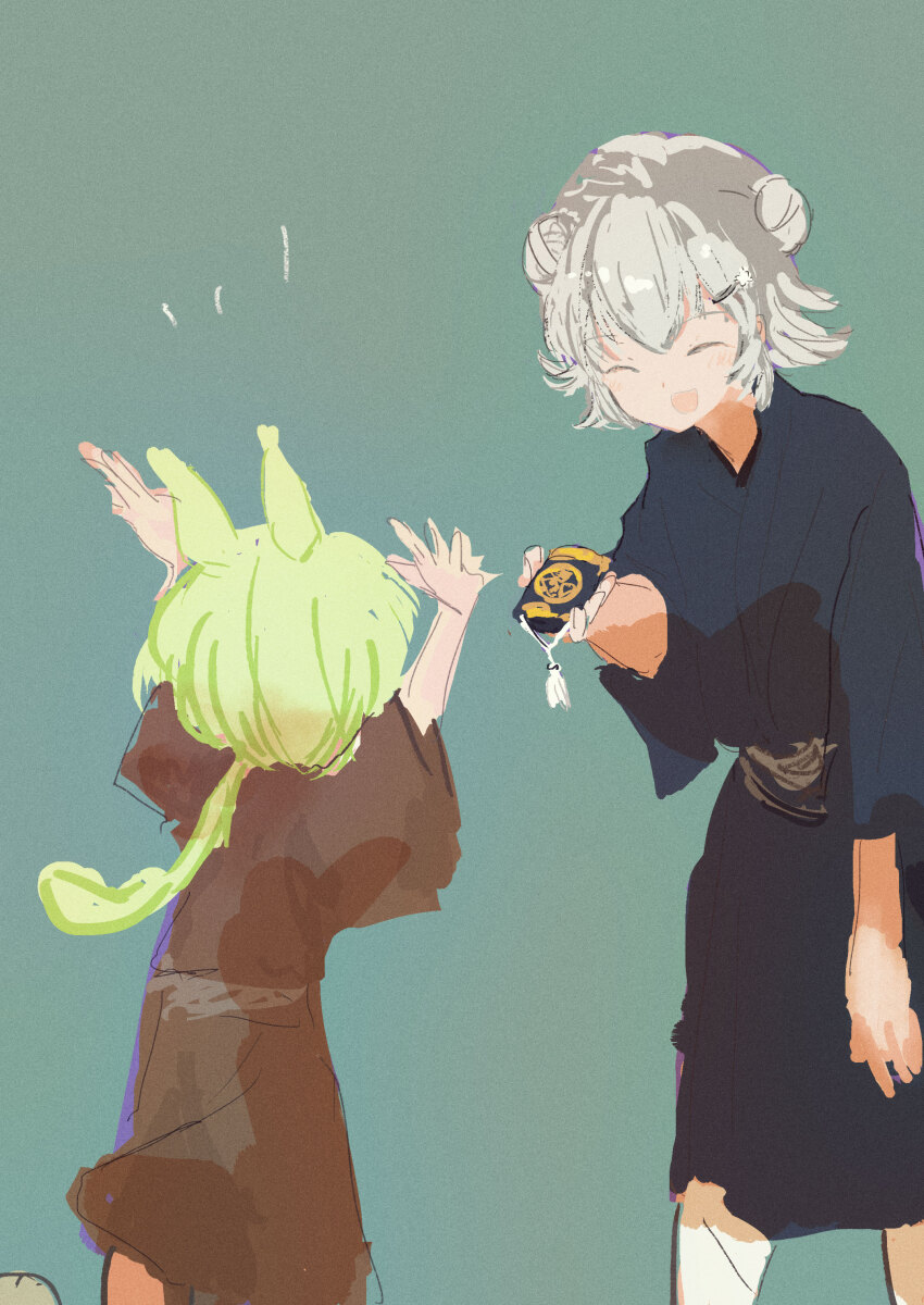 2girls absurdres alternate_costume arms_up blue_kimono blush brown_kimono cevio closed_eyes commentary_request double_bun excited facing_away feet_out_of_frame giving green_background green_hair grey_hair hair_bun hair_ornament hairclip height_difference highres holding inrou japanese_clothes kabuyama_kaigi kimono koharu_rikka leaning_forward long_hair low_ponytail multiple_girls open_mouth ponytail short_hair short_kimono short_sleeves simple_background smile standing synthesizer_v voicevox yukata zundamon