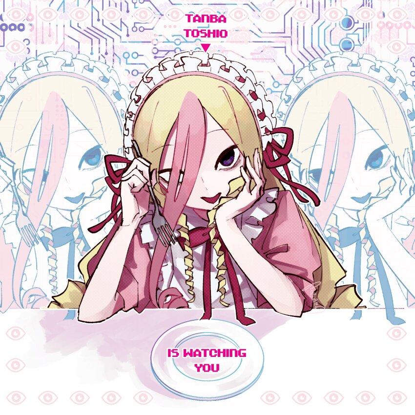 1girl absurdres apron bags_under_eyes blonde_hair character_name circuit dress drill_hair elbows_on_table empty_eyes english_text eye_symbol fork frilled_hairband frills hair_over_one_eye hairband hand_on_own_chin hands_up head_rest head_tilt highres holding holding_fork indie_virtual_youtuber long_hair looking_at_viewer multicolored_hair multiple_views noranekogahara open_mouth patterned_background pink_background pink_dress pink_hair plate puffy_short_sleeves puffy_sleeves purple_eyes red_ribbon ribbon short_sleeves smile streaked_hair table tanba_toshio virtual_youtuber white_apron