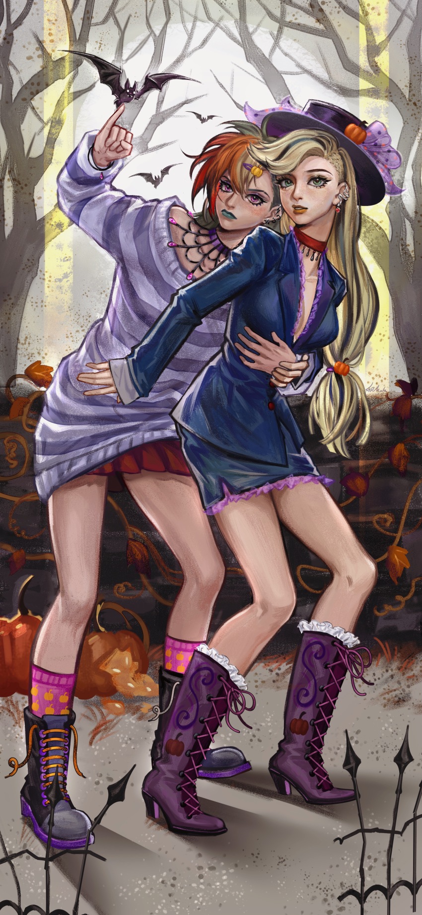 2girls absurdres aegyo_sal alternate_costume alternate_hair_color alternate_skin_color applejack applejack_(equestria_girls) asymmetrical_hair bare_shoulders bare_tree bat_(animal) black_boots black_hair black_skirt blonde_hair blue_jacket boots breasts broken_fence chinese_commentary choker cleavage closed_mouth collarbone commentary_request ear_piercing earrings eyelashes fence food-themed_hair_ornament frilled_boots frills full_body green_eyes green_lips grey_sky hair_behind_ear hair_between_eyes hair_ornament hairclip halloween hand_on_another&#039;s_hand hand_on_another&#039;s_stomach high_heel_boots high_heels highres jacket jewelry kewoshixiaodaia kneehighs lace-up_boots lapels leaning_to_the_side long_hair long_sleeves looking_up low-tied_long_hair medium_breasts miniskirt multicolored_hair multiple_girls my_little_pony my_little_pony:_equestria_girls my_little_pony:_friendship_is_magic off-shoulder_sweater off_shoulder orange_hair orange_lips outdoors parted_lips pencil_skirt petticoat piercing pink_eyes pink_socks pinky_out pleated_skirt pumpkin pumpkin_hair_ornament purple_boots purple_choker purple_sweater rainbow_dash rainbow_dash_(equestria_girls) red_choker red_hair red_skirt side_slit sidecut skirt sky sleeves_past_wrists socks standing streaked_hair striped_clothes striped_sweater sweater swept_bangs tree two-tone_hair undercut v-shaped_eyebrows