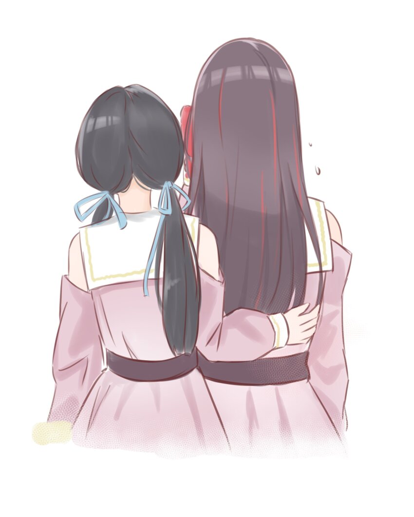2girls 4th_live_dream_~bloom_the_dream_believers~ absurdres bare_shoulders black_hair blue_ribbon brown_hair clothing_cutout dollchestra dream_believers dress facing_away flying_sweatdrops from_behind hair_ribbon hand_on_another&#039;s_back highres iroha_(nami3) link!_like!_love_live! long_hair long_sleeves love_live! low_twintails multicolored_hair multiple_girls nonaka_kokona official_alternate_costume pink_dress real_life red_hair ribbon sasaki_kotoko shoulder_cutout simple_background streaked_hair twintails voice_actor white_background