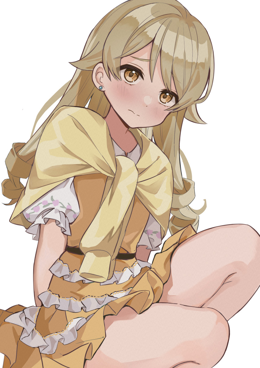 1girl absurdres arms_behind_back blurry blush brown_dress brown_eyes brown_hair closed_mouth dddd_akagi depth_of_field dot_nose dress drill_hair earrings frilled_dress frills furrowed_brow highres idolmaster idolmaster_cinderella_girls idolmaster_cinderella_girls_starlight_stage jacket jacket_on_shoulders jewelry long_hair looking_at_viewer morikubo_nono ringlets short_sleeves shy simple_background solo squatting white_background yellow_jacket