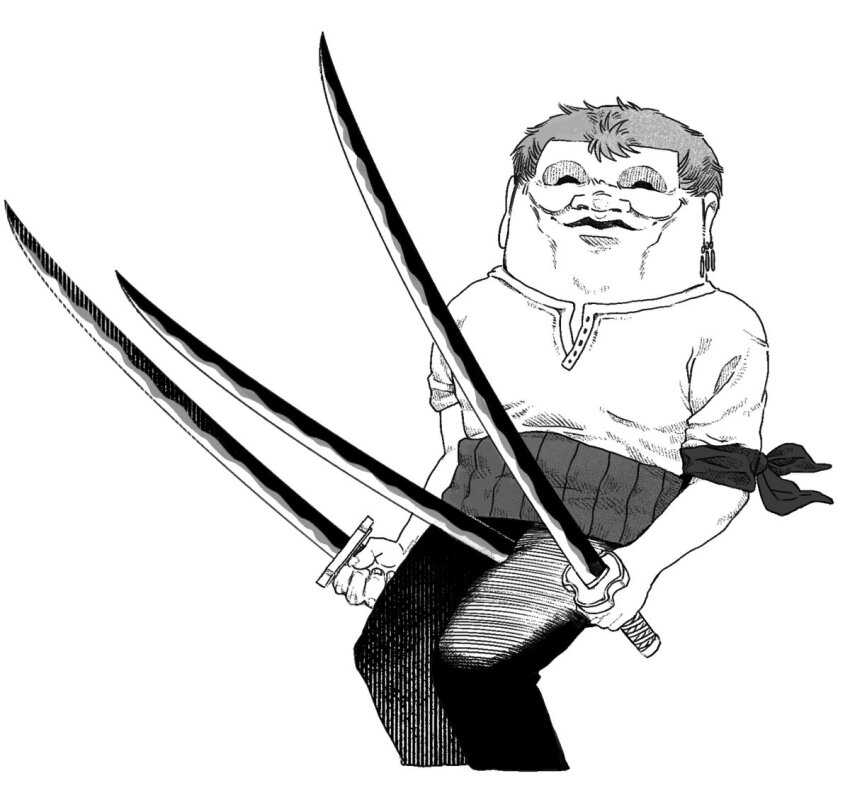 1boy bandana bandana_around_arm closed_mouth cosplay dandadan earrings greyscale holding holding_sword holding_weapon jewelry katana male_focus monochrome nakai_kazuya one_piece roronoa_zoro roronoa_zoro_(cosplay) serpo_(dandadan) shirt short_hair single_earring solo sword tamatan97 triple_wielding very_short_hair voice_actor_connection weapon