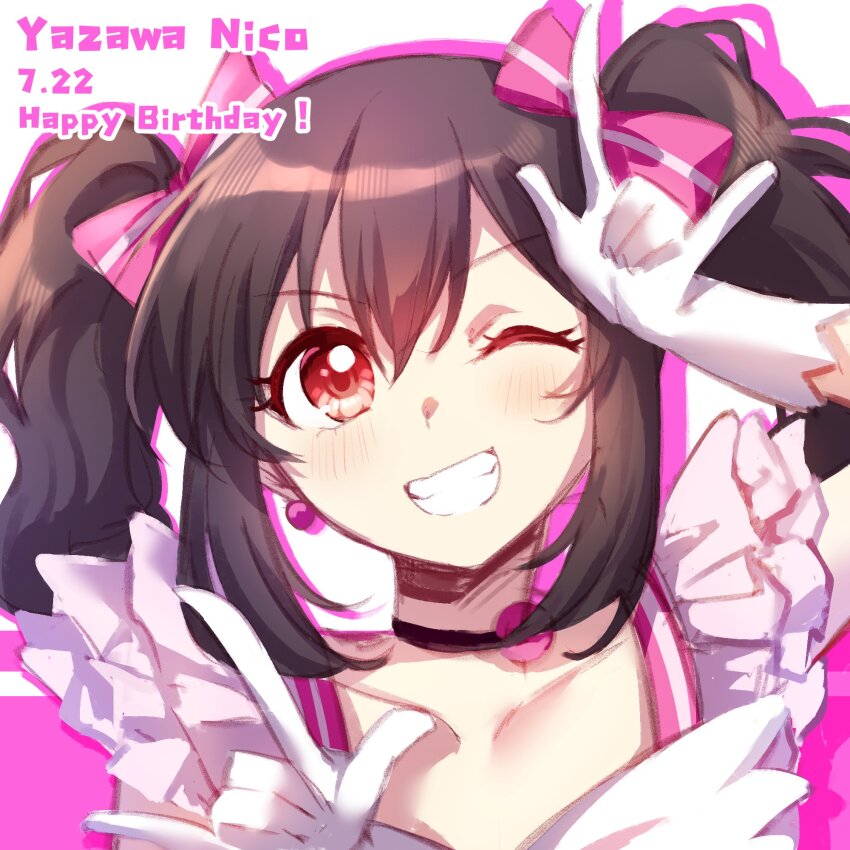 1girl black_choker black_hair blush character_name choker collarbone commentary dated dress gloves grin hair_between_eyes happy_birthday highres love_live! love_live!_school_idol_project medium_hair pink_background pink_dress portrait red_eyes sankin_(_sankin510) short_sleeves smile solo symbol-only_commentary twintails v-shaped_eyebrows white_gloves yazawa_nico