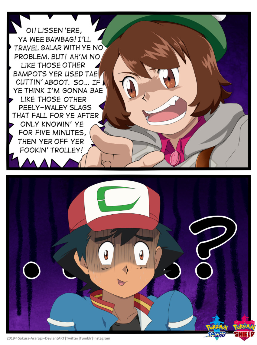 ? angry ash_ketchum baseball_cap beret black_hair bob_cut brown_eyes brown_hair confused constricted_pupils fang gloom_(expression) gloria_(pokemon) green_headwear grey_sweater hat highres jacket logo nintendo parody pointing pokemon pokemon_(anime) pokemon_swsh pokemon_the_movie:_the_power_of_us profanity red_headwear sakura_araragi scared scottish_english_text short_hair shouting sweater tam_o&#039;_shanter translated
