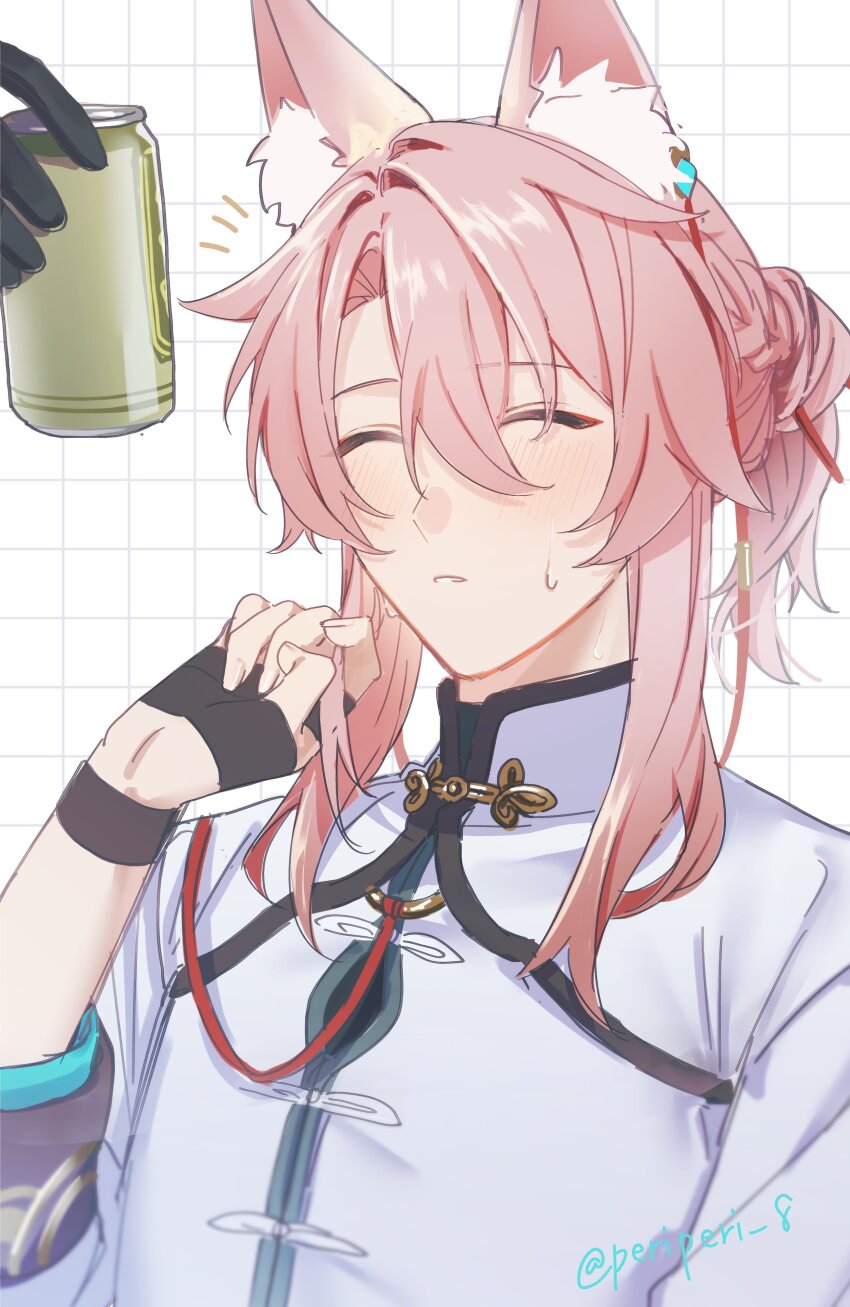 1boy 1other absurdres animal_ear_fluff animal_ears artist_name black_gloves blush braid can closed_eyes commentary_request drink_can eyeshadow fox_ears gloves grid_background hair_between_eyes hair_ribbon hand_up highres holding holding_can honkai:_star_rail honkai_(series) jiaoqiu_(honkai:_star_rail) long_hair long_sleeves makeup male_focus mandarin_collar notice_lines parted_bangs parted_lips peridot_(periperi_8) pink_hair ponytail red_eyeshadow red_ribbon ribbon shirt sidelocks simple_background single_braid sleeves_rolled_up solo_focus sweatdrop twitter_username upper_body white_background white_shirt