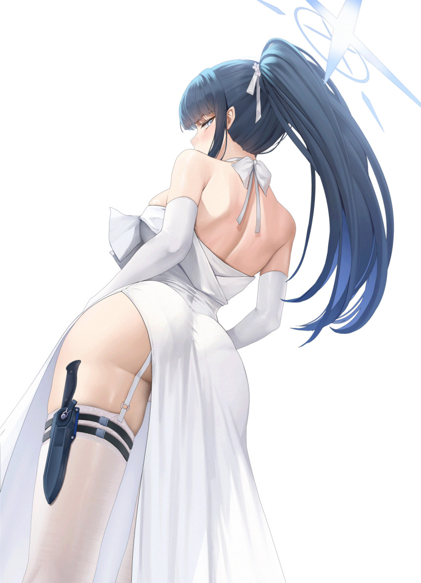 1girl ass bare_shoulders blue_archive blue_eyes blue_hair blush commentary dress elbow_gloves from_behind gloves highres holster knife_sheath long_hair looking_at_viewer lp_(lp0000_k) official_alternate_costume official_alternate_hairstyle ponytail saori_(blue_archive) saori_(dress)_(blue_archive) sheath side_slit simple_background solo thigh_holster thighhighs thighs white_background white_dress white_gloves white_thighhighs