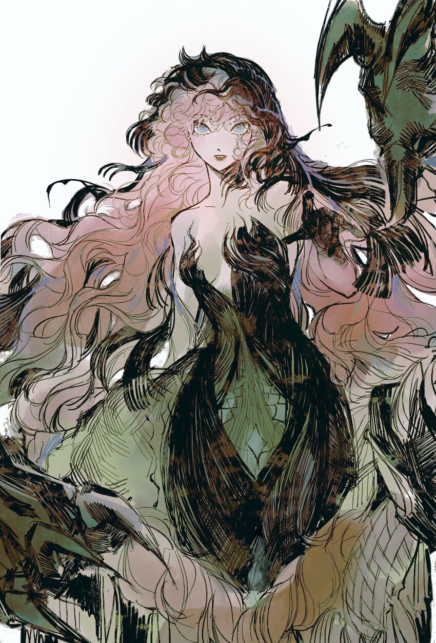 1girl absurdres black_skin black_veil blue_eyes blue_veil breasts chimera claws colored_skin highres izyumn long_hair looking_at_viewer nautika_(reverse:1999) pink_hair reverse:1999 solo two-tone_veil veil white_background