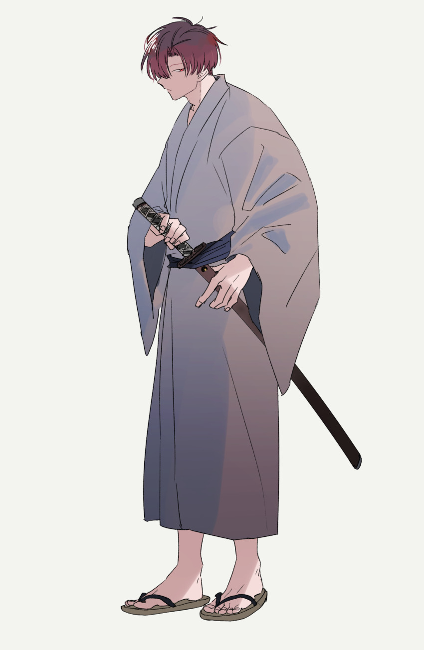 1boy blue_sash brown_sandals closed_mouth commentary_request fate/grand_order fate_(series) frown full_body grey_kimono hair_over_one_eye highres holding holding_sword holding_weapon japanese_clothes katana kimono long_sleeves looking_at_viewer male_focus obi one_eye_covered parted_bangs red_eyes red_hair sandals sash sheath short_hair simple_background solo standing sword takasugi_shinsaku_(fate) takasugi_shinsaku_(first_ascension)_(fate) toes unsheathing weapon white_background wide_sleeves yuu_(areruya) zouri