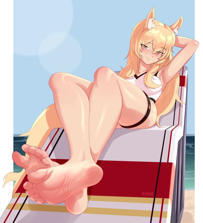 1girl absurdres animal_ear_fluff animal_ears arknights arm_up armpits artist_name barefoot beach beach_chair blonde_hair blue_sky breasts brown_eyes closed_mouth collarbone crossed_ankles day feet foot_focus foreshortening full_body hair_between_eyes highres large_breasts legs long_hair looking_at_viewer nearl_(arknights) nearl_(shimmering_dew)_(arknights) ocean outdoors shadow sidelocks sky smug soles solo staerk tail thigh_strap thighs toes twitter_username