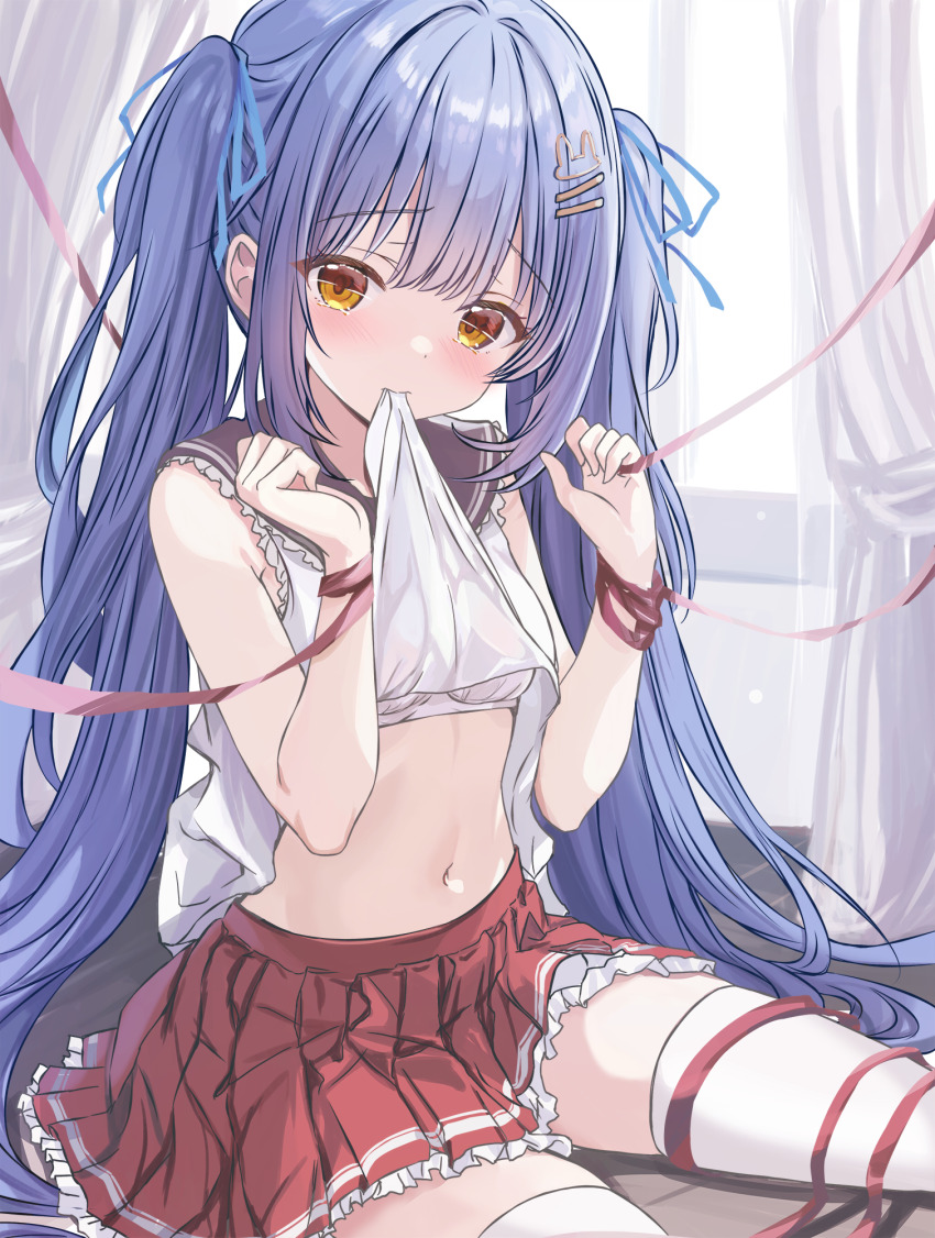 1girl blue_hair blue_ribbon bra bra_peek breasts clothes_in_mouth cutlass_(classic_chocolate) hair_ornament hair_ribbon hairclip highres lifting_own_clothes long_hair looking_at_viewer miniskirt mouth_hold navel original pleated_skirt red_ribbon red_skirt ribbon shirt sitting skirt sleeveless sleeveless_shirt small_breasts solo thighhighs twintails underwear very_long_hair white_bra white_shirt white_thighhighs yellow_eyes
