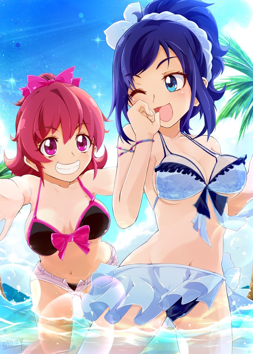 10s 2girls aida_mana artist_name ashita_wa_hitsuji bikini blue_eyes blue_hair blush bow bracelet breasts cleavage dokidoki!_precure frilled_bikini frills front-tie_top grin hair_bow hair_ornament hairband highres hishikawa_rikka jewelry large_breasts multiple_girls one_eye_closed open_clothes palm_tree partially_submerged pink_eyes pink_hair precure sarong short_hair shorts smile sparkle splashing swimsuit tree underboob water