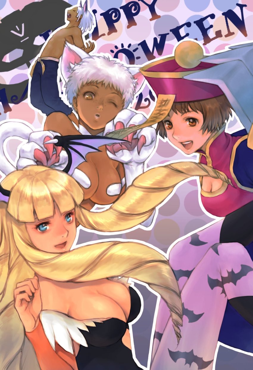 1boy 3girls animal_ear_fluff animal_ears animal_hands blonde_hair breasts brown_eyes brown_hair cat_ears cat_paw claw_pose cleavage cleavage_cutout clothing_cutout cosplay dark_skin darkstalkers dianna_soreil felicia felicia_(darkstalkers) felicia_(darkstalkers)_(cosplay) gallon_(cosplay) gundam halloween highres hsien-ko_(cosplay) jon_talbain hsien-ko long_hair looking_at_viewer loran_cehack medium_breasts miashei_kune morrigan_aensland morrigan_aensland_(cosplay) multiple_girls one_eye_closed pantyhose short_hair sochie_heim takeda_yuuko talisman turn_a_gundam white_hair