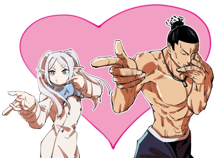 1girl ;o anaguma_keigo black_hair blowing_kiss buttons coat crossover double-breasted double_finger_gun elf finger_gun frieren frieren_blowing_a_kiss grey_eyes heart heart_background highres jewelry jujutsu_kaisen long_hair meme muscular muscular_male necklace one_eye_closed pointing pointy_ears pose_imitation puckered_lips scar scar_across_eye scar_on_face scarf season_connection sideburns sousou_no_frieren topknot topless_male toudou_aoi_(jujutsu_kaisen) trait_connection twintails undercut v-taper