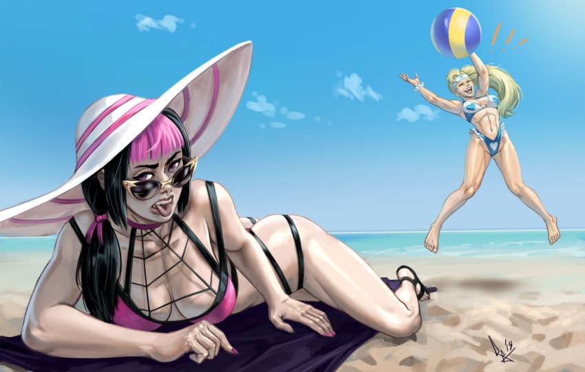 ! !! 2girls adapted_costume alternate_hairstyle ass ball barefoot beach beachball bikini black_hair blonde_hair blue_bikini breasts cleavage commentary day diepod english_commentary han_juri hat headband heart hot jumping large_breasts lying medium_breasts multiple_girls muscular muscular_female nail_polish ocean on_stomach pale_skin pink_hair pink_nails purple_eyes rainbow_mika sandals side_ponytail strap_gap street_fighter street_fighter_v summer sun_hat sunglasses swimsuit thong toenail_polish toenails tongue tongue_out yellow-framed_eyewear