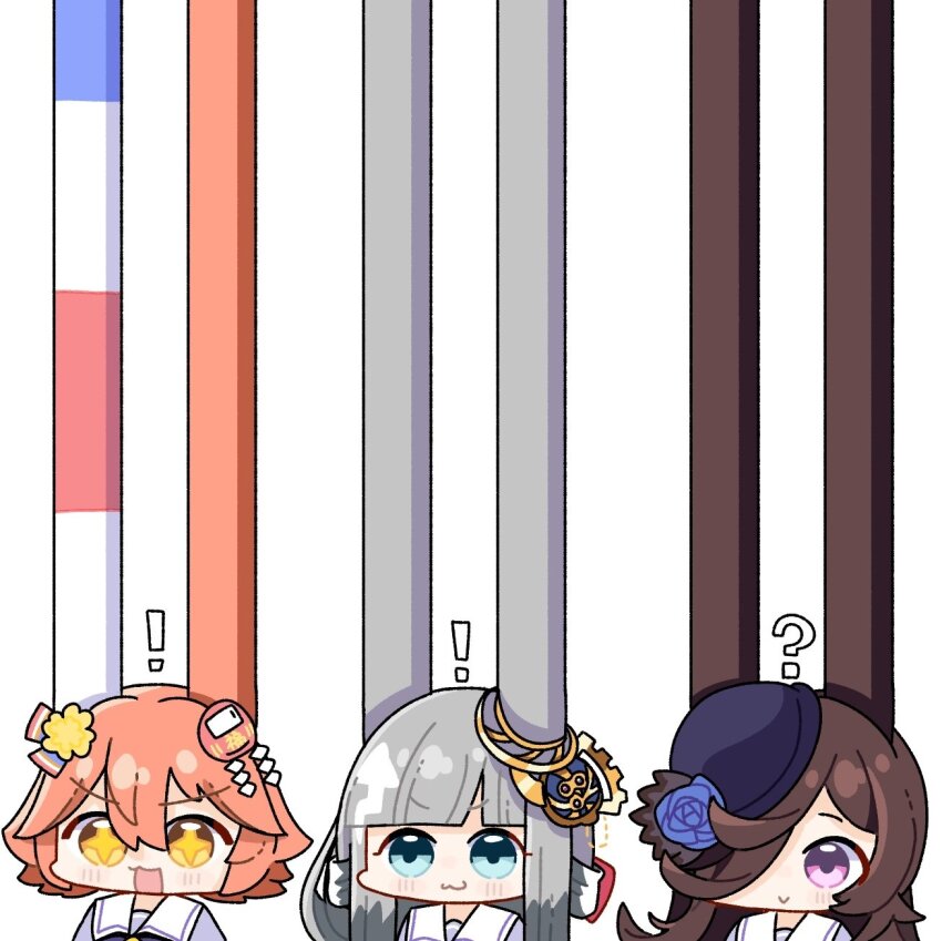 ! +_+ 3girls animal_ears black_hair blue_eyes blunt_bangs chrono_genesis_(umamusume) comically_large_ears grey_hair hair_ornament hair_over_one_eye highres horse_ears looking_at_viewer matikanefukukitaru_(umamusume) multiple_girls open_mouth orange_eyes orange_hair rice_shower_(umamusume) school_uniform simple_background smile temu_(kobaeihuk) tracen_school_uniform umamusume very_long_ears white_background