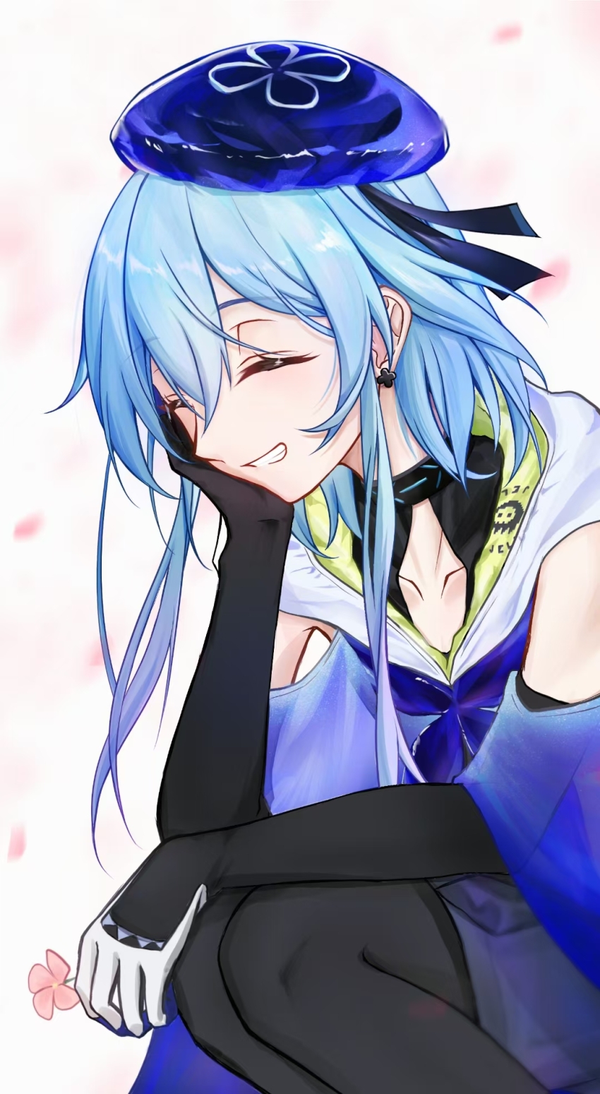 1boy :d ^_^ arknights bare_shoulders beret black_gloves black_pantyhose blue_hair chinese_commentary chushi_right closed_eyes collarbone commentary_request earrings elbow_gloves facing_viewer gloves gradient_hair grey_gloves grin hair_between_eyes hand_on_own_cheek hand_on_own_face hat head_rest highres infection_monitor_(arknights) jewelry male_focus mizuki_(arknights) multicolored_hair open_mouth pantyhose partial_commentary purple_hair purple_hat short_hair_with_long_locks smile solo