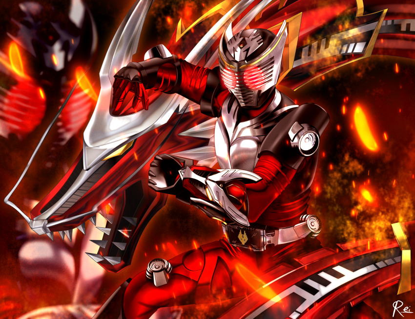 1boy absurdres armor breastplate commentary compound_eyes contract_monster dragon dragreder eastern_dragon english_commentary fiery_background fighting_stance finishing_move fire grey_armor highres kamen_rider kamen_rider_ryuki kamen_rider_ryuki_(series) mask red_armor red_theme reiei_8 rider_belt tokusatsu