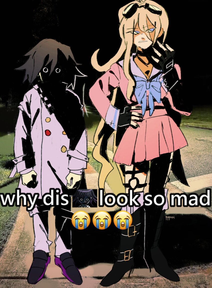 1boy 1girl angry arms_at_sides barbed_wire black_choker black_eyes black_hair blonde_hair blue_eyes boots checkered_clothes checkered_scarf choker commentary crying crying_emoji danganronpa_(series) danganronpa_v3:_killing_harmony emoji english_commentary english_text fingerless_gloves flipped_hair foog_(ppppppuri) full_body glaring gloves goggles goggles_on_head hair_between_eyes hand_on_own_hip height_difference high_heel_boots high_heels highres iruma_miu long_hair long_sleeves looking_at_viewer looking_to_the_side meme night oma_kokichi pants photo_background pleated_skirt sad sailor_collar scarf shaded_face shirt short_hair skirt standing staring straitjacket tears teeth two-tone_scarf why_dis_ninja_look_so_mad_(meme)