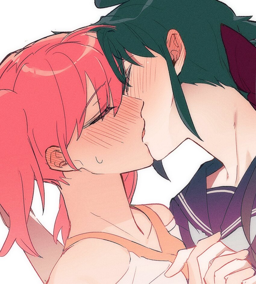 2girls azumaya_koyuki blush closed_eyes commentary_request ear_blush green_hair highres hinata_natsumi holding_hands interlocked_fingers keroro_gunsou kiss long_hair multiple_girls pink_hair school_uniform serafuku simple_background ta_gk tongue twintails white_background yuri
