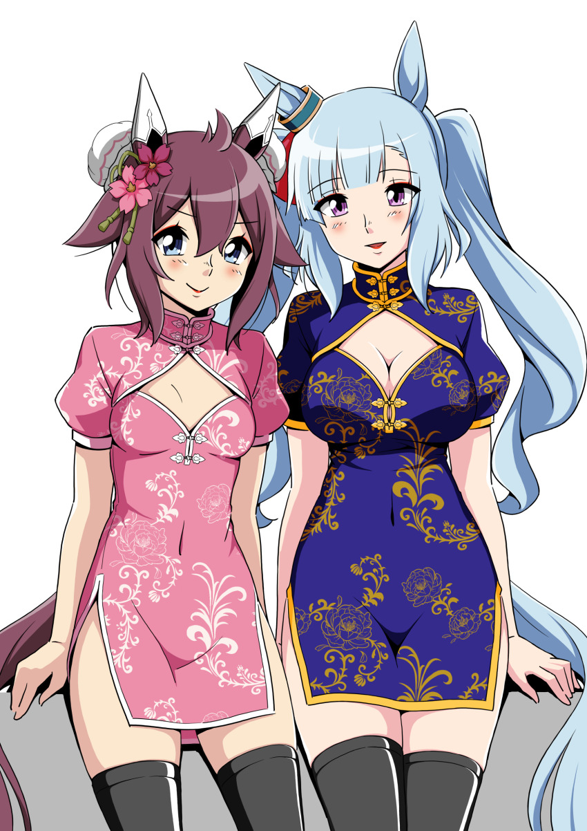 2girls alternate_costume alternate_hairstyle blue_eyes blue_hair blush breasts china_dress chinese_clothes cleavage dress hair_between_eyes hair_bun hair_ornament highres horse_girl long_hair looking_at_viewer medium_breasts mejiro_ardan_(umamusume) multiple_girls navel open_mouth pink_hair purple_eyes sakura_chiyono_o_(umamusume) sitting small_breasts smile thighhighs twintails umamusume white_background yamaki_anp