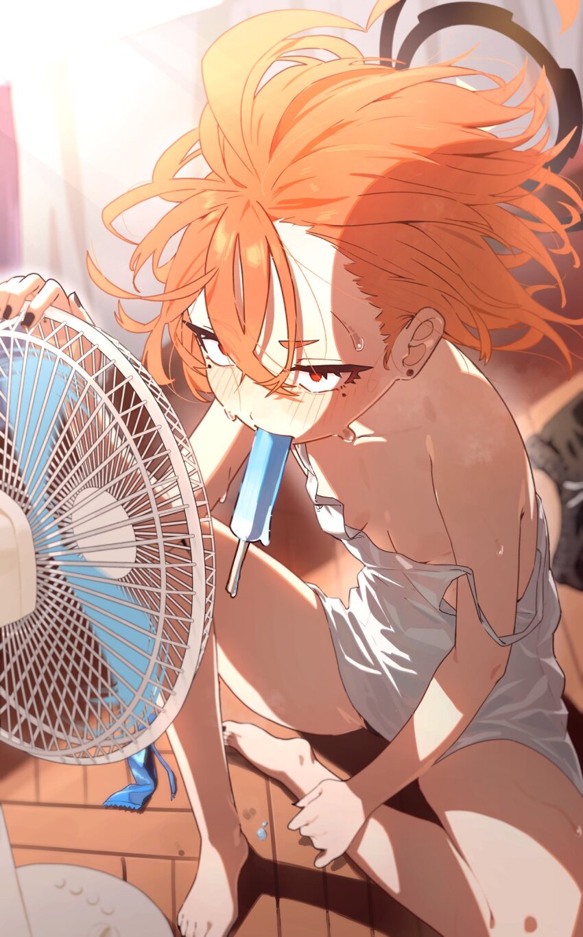 1girl ahoge blue_archive blush breasts camisole eyelashes food food_in_mouth halo highres mole mole_under_eye neru_(blue_archive) orange_hair popsicle popsicle_in_mouth pyytato red_eyes short_hair small_breasts spread_legs white_camisole