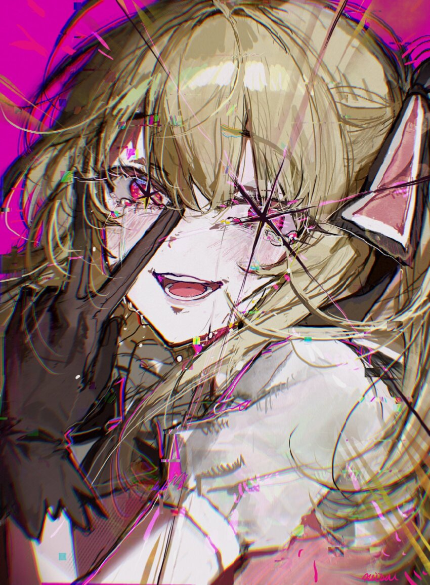 1girl :d black_gloves blonde_hair blush chromatic_aberration commentary_request crazy crazy_eyes crazy_smile from_side glitch gloves hair_ribbon hand_up highres hoshino_ruby idol_clothes inward_v looking_at_viewer looking_back misu_(miisuuu) open_mouth oshi_no_ko pink_background pink_eyes pink_lips pink_ribbon portrait puffy_short_sleeves puffy_sleeves ribbon short_sleeves side_ponytail smile solo spoilers star-shaped_pupils star_(symbol) symbol-shaped_pupils tears teeth turning_head v