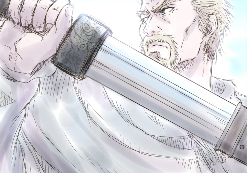 1boy askeladd bbchimo blonde_hair close-up facial_hair from_below goatee holding holding_sword holding_weapon looking_ahead male_focus mature_male mustache receding_hairline serious sheath short_hair solo sword unsheathing upper_body vinland_saga weapon