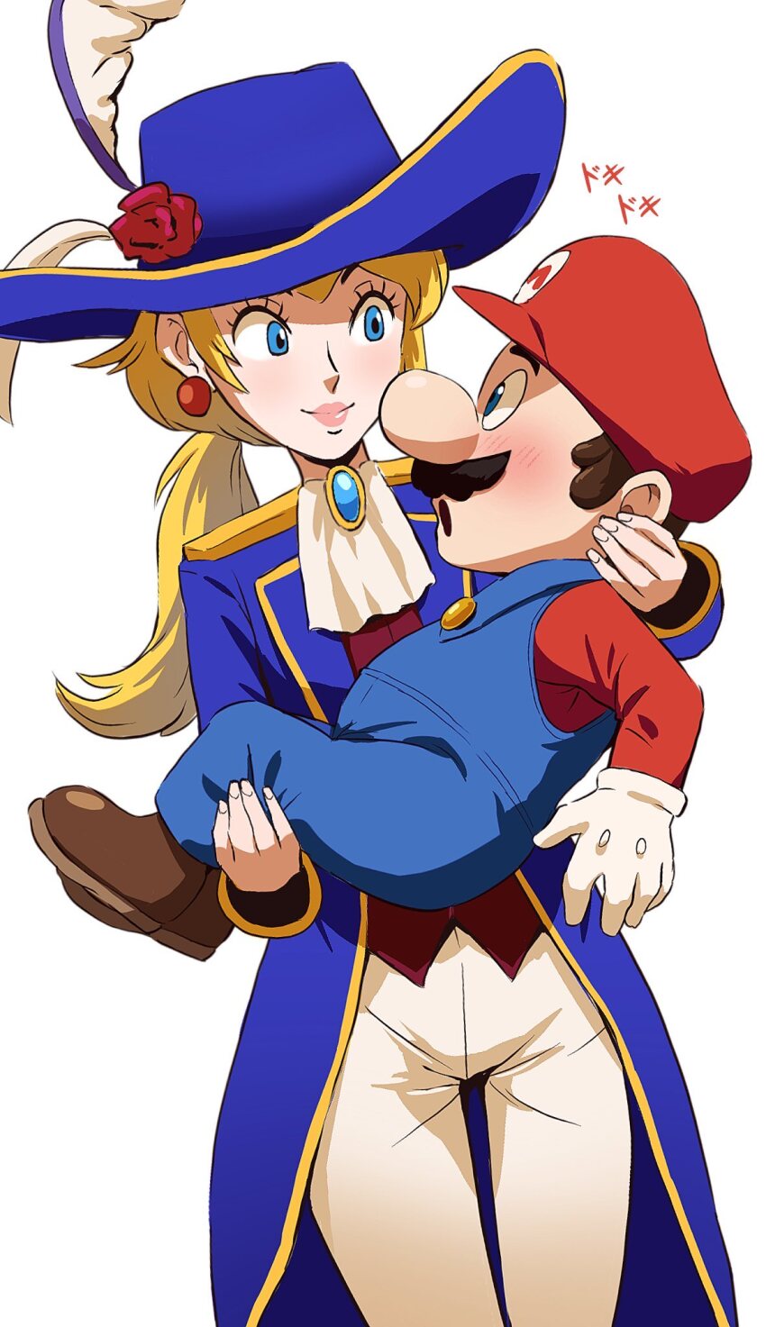 1boy 1girl blonde_hair blue_eyes blush brown_hair earrings facial_hair francisco_mon gloves hat highres jewelry lifting_person long_sleeves looking_at_another mario mario_(series) mustache nintendo overalls pants ponytail princess_peach princess_peach:_showtime! reverse_princess_carry shoes short_hair swordfighter_peach thigh_gap