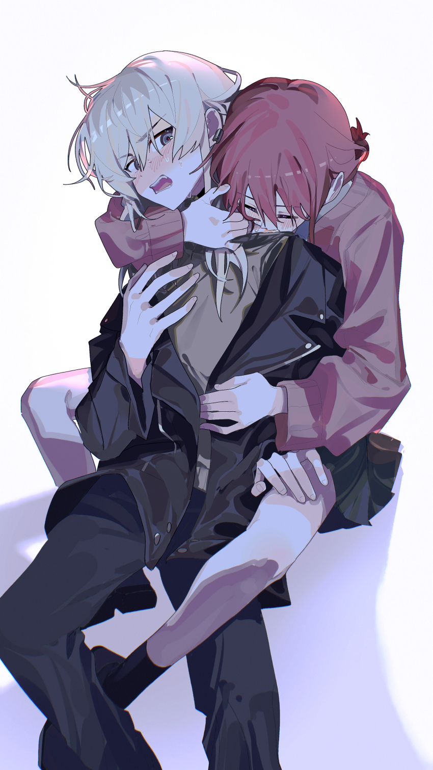 2girls absurdres biting_shoulder black_jacket black_pants black_socks brown_hair brown_sweater cardigan commentary english_commentary girls_band_cry grey_eyes grey_hair highres iseri_nina jacket kawaragi_momoka long_sleeves low_twintails multicolored_hair multiple_girls pants red_cardigan roots_(hair) short_hair short_twintails socks sweater twintails ydpfa yuri