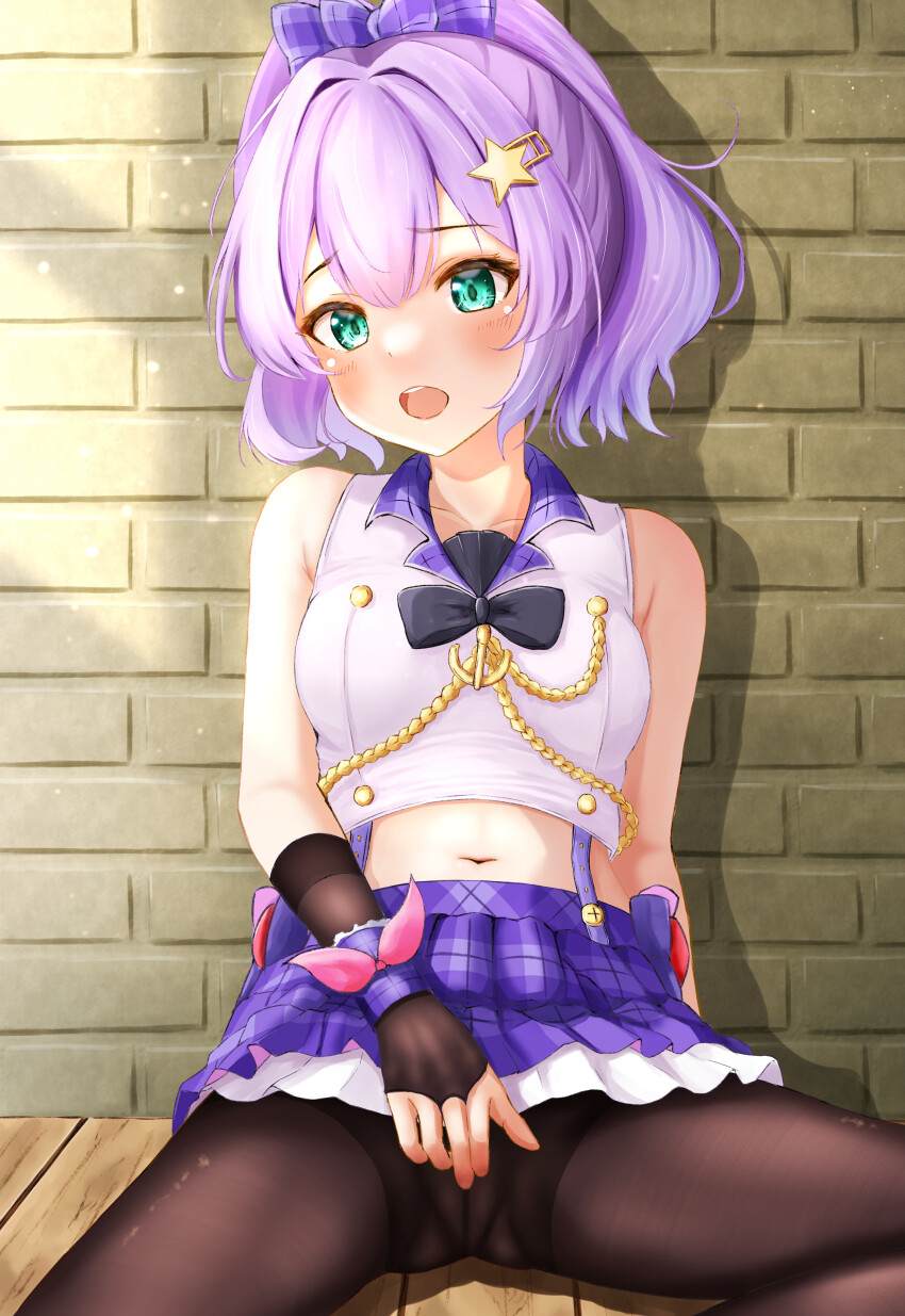 1girl absurdres aiguillette azur_lane bare_shoulders black_pantyhose blush bow breasts ca_paria cameltoe female_masturbation fingerless_gloves gloves green_eyes highres idol javelin_(azur_lane) javelin_(energetic_idol_@120_motivation!)_(azur_lane) long_hair looking_at_viewer masturbation midriff navel official_alternate_costume open_mouth pantyhose plaid_bow pleated_skirt purple_hair purple_skirt shirt sitting skirt sleeveless sleeveless_shirt small_breasts solo spread_legs stomach teeth upper_teeth_only white_shirt