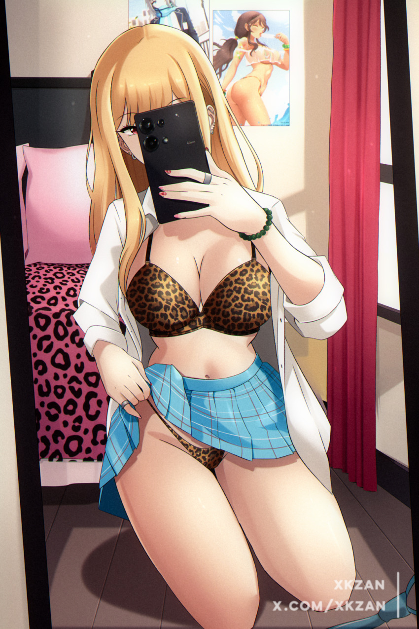1girl andromeda_(fate) andromeda_(second_ascension)_(fate) animal_print bead_bracelet beads bedroom black_choker black_socks blonde_hair blue_archive blue_skirt bra bracelet breasts cameltoe cellphone choker cleavage clothes_lift commentary_request covering_face curtains fate/grand_order fate_(series) gyaru highres holding holding_phone indoors jewelry kitagawa_marin kneeling leopard_print lifting_own_clothes looking_at_viewer lying miniskirt mirror_selfie on_side open_clothes open_shirt panties phone phone_over_face poster_(object) print_bra print_panties red_eyes red_nails revision ring selfie shiroko_(blue_archive) shirt skirt skirt_lift smartphone socks sono_bisque_doll_wa_koi_wo_suru thighs underwear white_shirt window xkzan