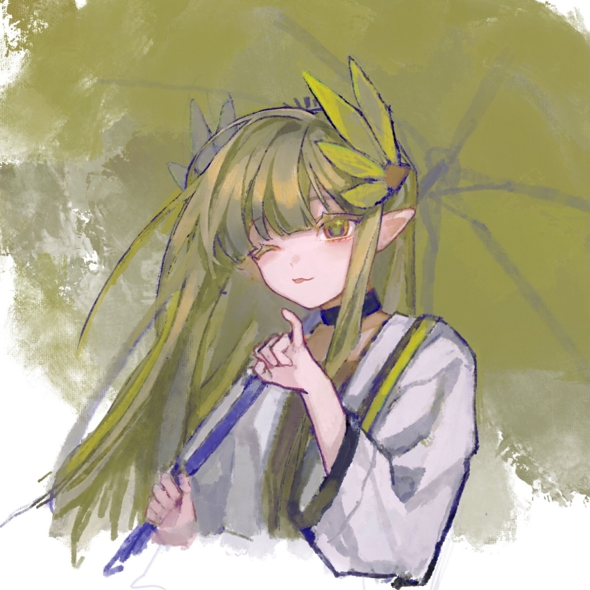 1girl ;p arknights black_choker blonde_hair chinese_commentary choker closed_mouth commentary_request cropped_torso elf hand_up holding jacket long_hair long_sleeves looking_at_viewer muelsyse_(arknights) one_eye_closed pinky_out pointy_ears smile solo tongue tongue_out white_jacket yellow_eyes yezhi_dun_luobei