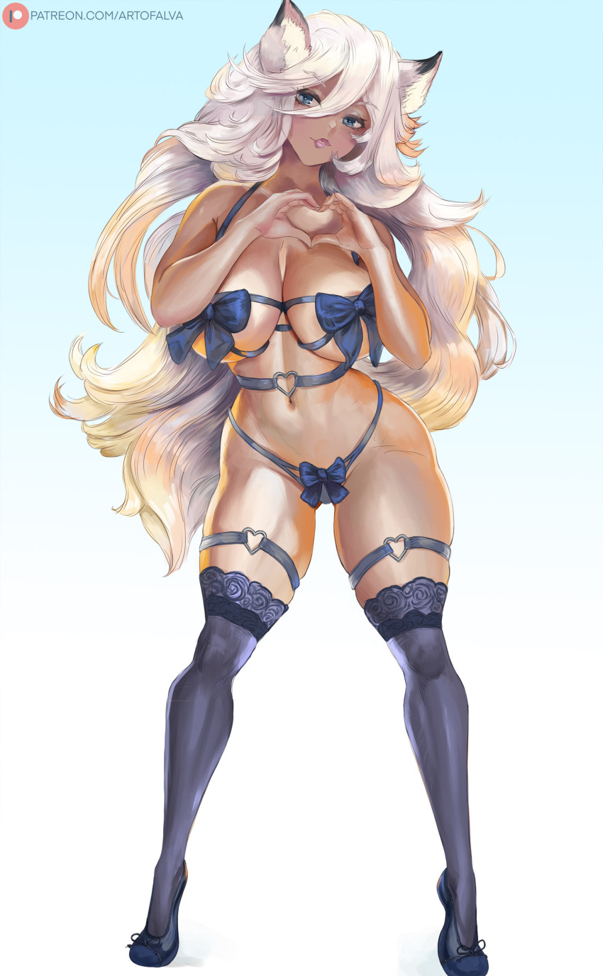 absurdres alva_(artofalva) animal_ears black_bow black_panties black_thighhighs blue_eyes bow breasts dark-skinned_female dark_skin fox_ears fox_girl full_body hair_between_eyes heart heart_hands heart_o-ring highres large_breasts lingerie lips long_hair navel o-ring o-ring_thigh_strap original panties patreon_logo thigh_strap thighhighs underwear very_long_hair watermark web_address white_background white_hair