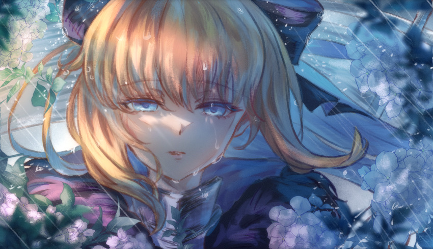 1girl aesc_(fate) aesc_(savior)_(fate) black_bow blonde_hair blue_eyes bow fate/grand_order fate_(series) flower fur_trim hair_between_eyes hair_bow highres long_hair looking_at_viewer ponytail rain solo tears